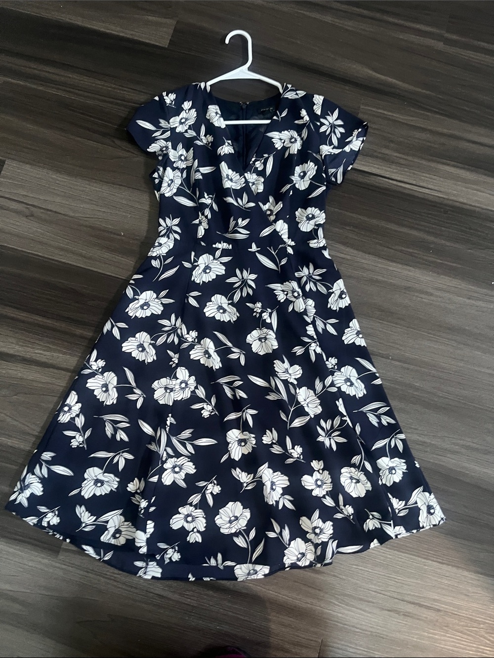 Ann Taylor Navy Floral A-Line Dress with White Blooms